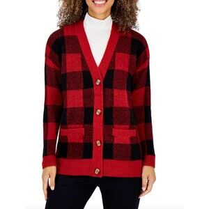Style & Co. Buffalo Check Sweater Sz PL Red Black Cardigan Buttons Holiday NEW